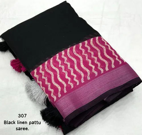Soft Linen Saree with Pink Contrast Prints & Zari Woven Black Pattu Border